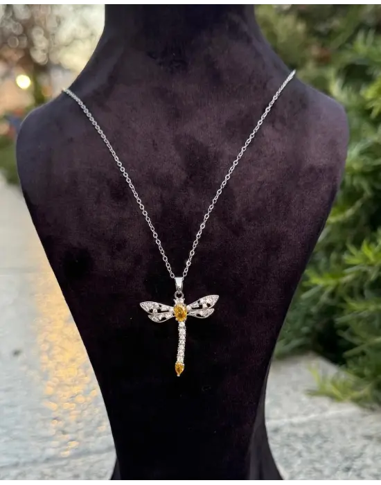 Sarı Taşlı Gümüş Renk Çelik Yusufcuk Kolye