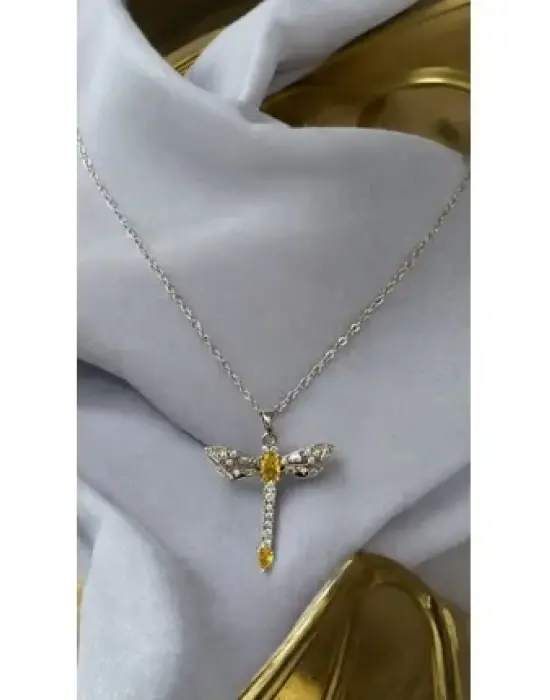 Sarı Taşlı Gümüş Renk Çelik Yusufcuk Kolye
