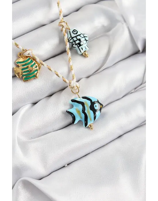 Seramik Motifli Balık Figürlü Model Krem İp Kadın Kolye