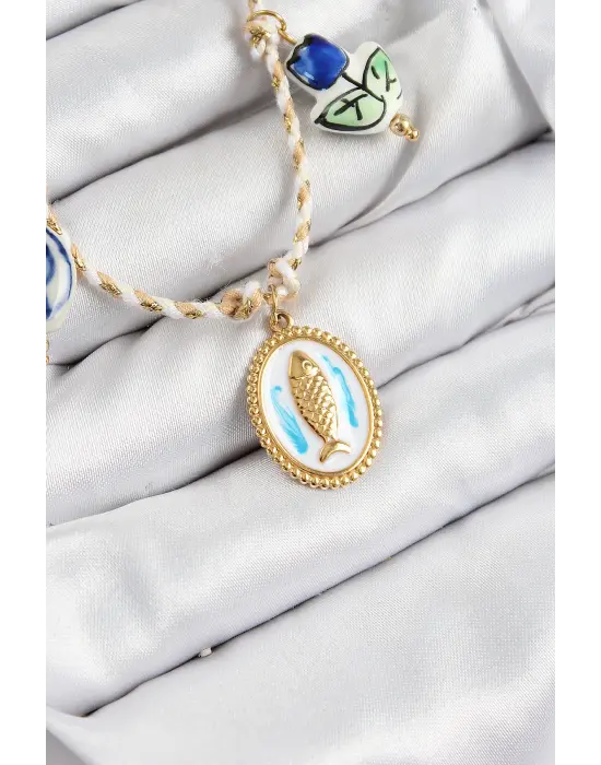 Seramik Motifli Balık Figürlü Model Krem İp Kadın Kolye