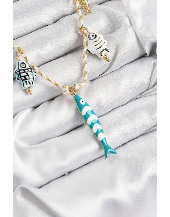 Seramik Motifli Balık Figürlü Model Krem İp Kadın Kolye