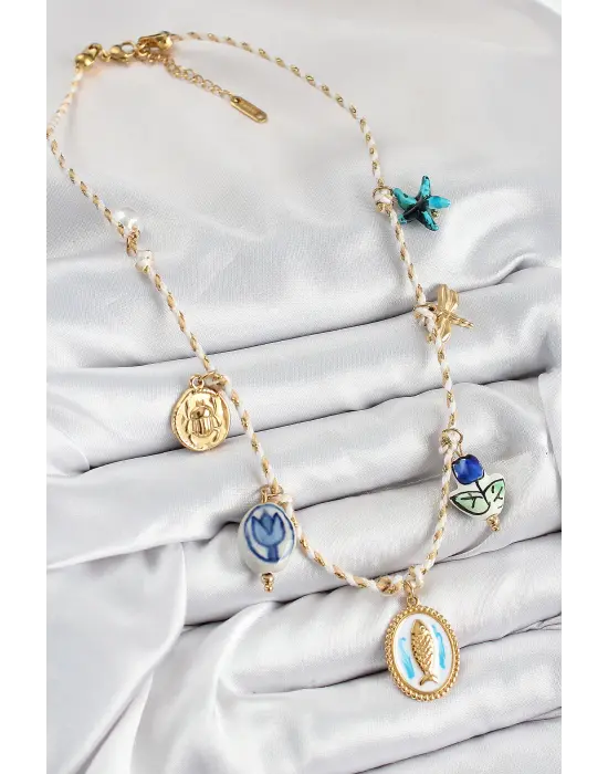 Seramik Motifli Balık Figürlü Model Krem İp Kadın Kolye