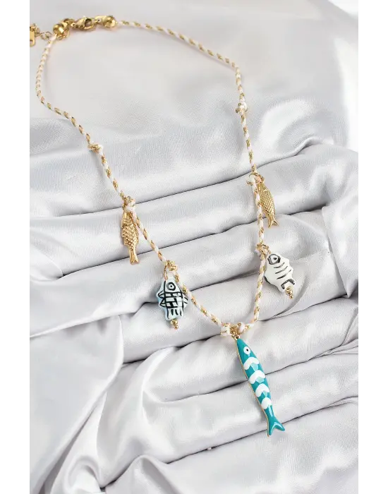 Seramik Motifli Balık Figürlü Model Krem İp Kadın Kolye