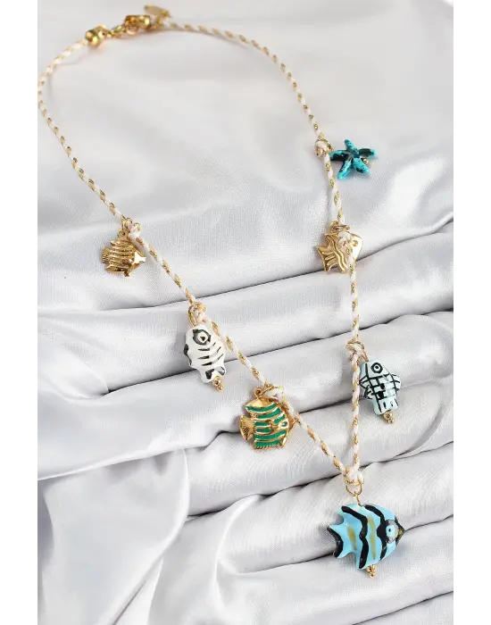 Seramik Motifli Balık Figürlü Model Krem İp Kadın Kolye