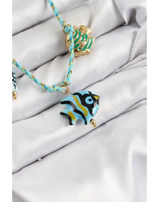 Seramik Motifli Balık Figürlü Model Mavi İp Kadın Kolye