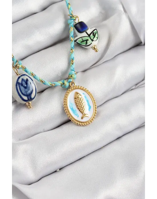 Seramik Motifli Balık Figürlü Model Mavi İp Kadın Kolye