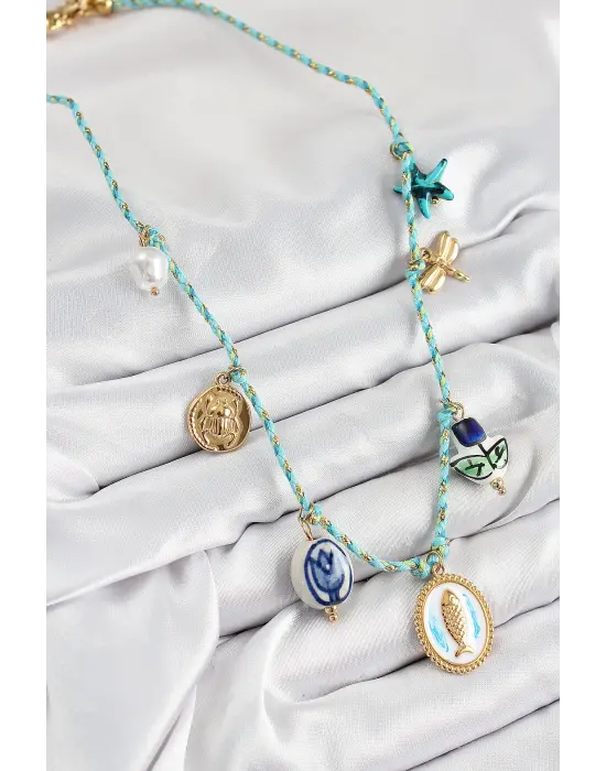 Seramik Motifli Balık Figürlü Model Mavi İp Kadın Kolye