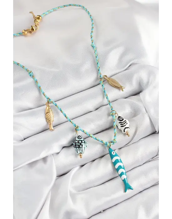 Seramik Motifli Balık Figürlü Model Mavi İp Kadın Kolye