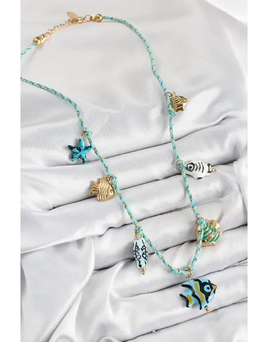 Seramik Motifli Balık Figürlü Model Mavi İp Kadın Kolye