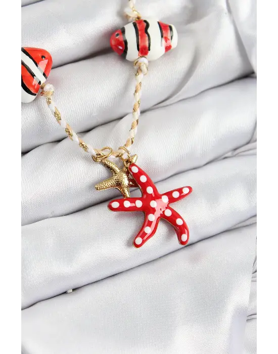 Seramik Motifli Deniz Yıldzı Figürlü Model Krem İp Kadın Kolye