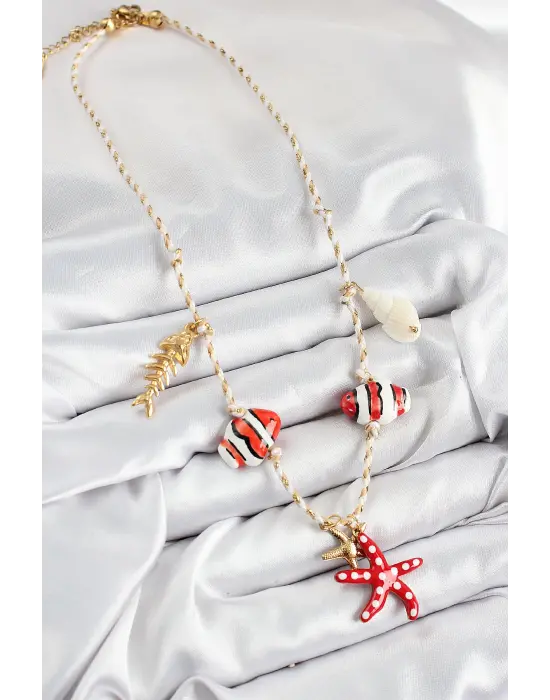 Seramik Motifli Deniz Yıldzı Figürlü Model Krem İp Kadın Kolye