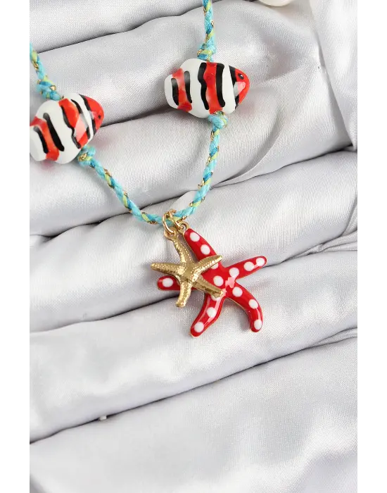 Seramik Motifli Deniz Yıldzı Figürlü Model Mavi İp Kadın Kolye