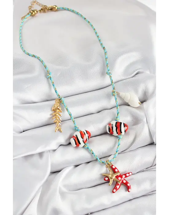 Seramik Motifli Deniz Yıldzı Figürlü Model Mavi İp Kadın Kolye