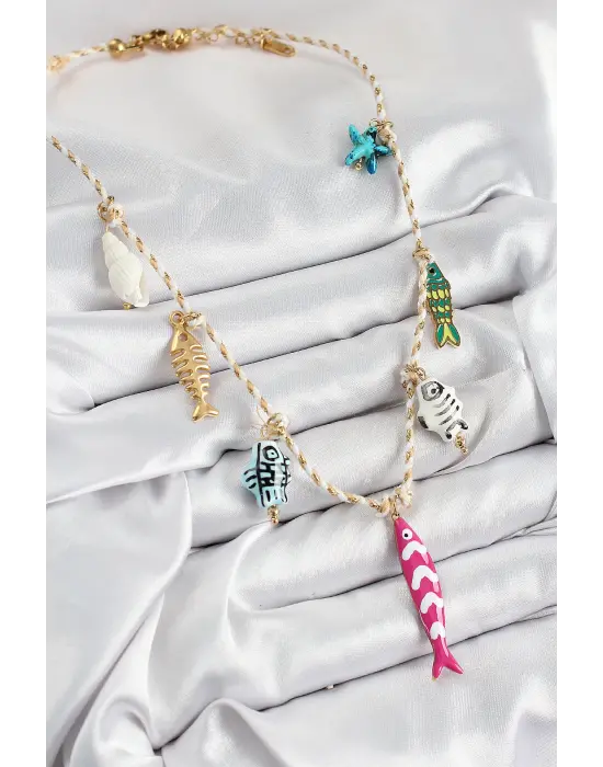 Seramik Motifli Pembe Balık Figürlü Model Krem İp Kadın Kolye