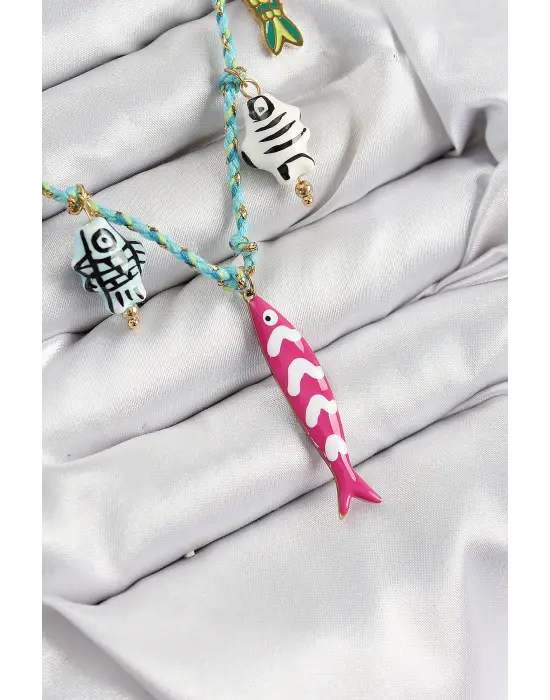 Seramik Motifli Pembe Balık Figürlü Model Mavi İp Kadın Kolye