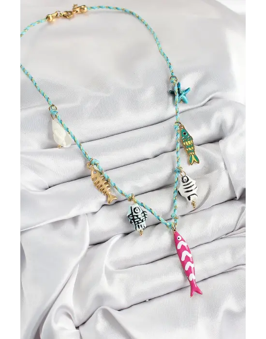 Seramik Motifli Pembe Balık Figürlü Model Mavi İp Kadın Kolye