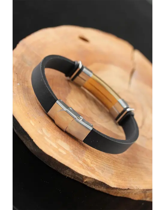 Silver Gold Renk Metal Aksesuarlı Siyah Renk Deri Erkek Bileklik