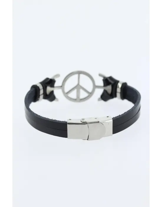 Silver Renk Barış Figürlü Metal Aksesuarlı Siyah Renk Deri Erkek Bileklik