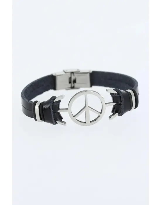 Silver Renk Barış Figürlü Metal Aksesuarlı Siyah Renk Deri Erkek Bileklik