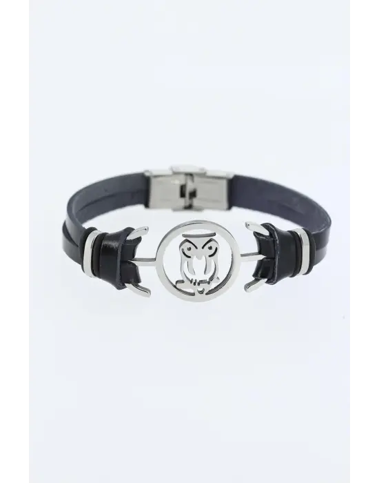 Silver Renk Baykuş Figürlü Metal Aksesuarlı Siyah Renk Deri Erkek Bileklik