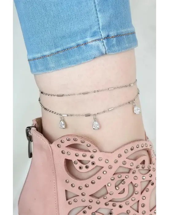 Silver Renk Çift Zincirli Damla Taşlı Hal Hal