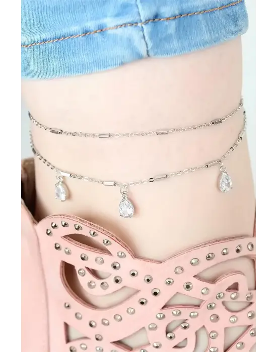 Silver Renk Çift Zincirli Damla Taşlı Hal Hal