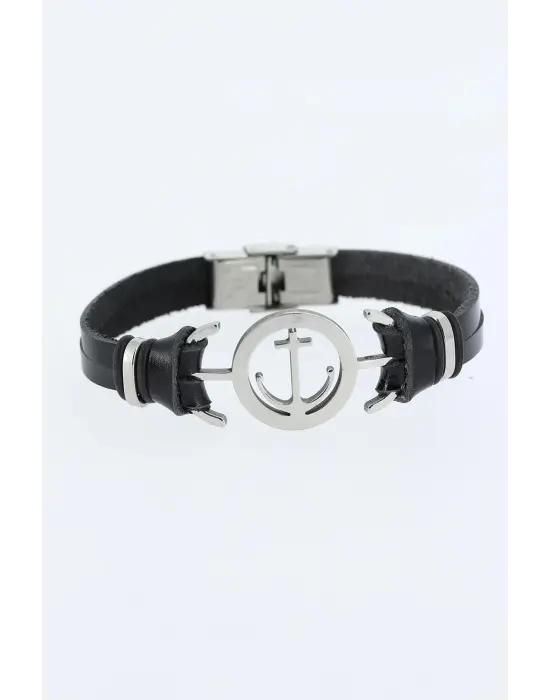 Silver Renk Deniz Çapası Figürlü Metal Aksesuarlı Siyah Renk Deri Erkek Bileklik