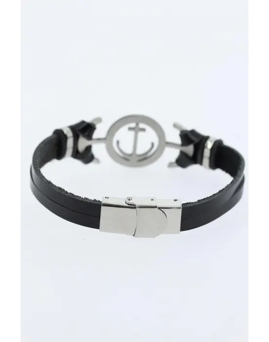 Silver Renk Deniz Çapası Figürlü Metal Aksesuarlı Siyah Renk Deri Erkek Bileklik