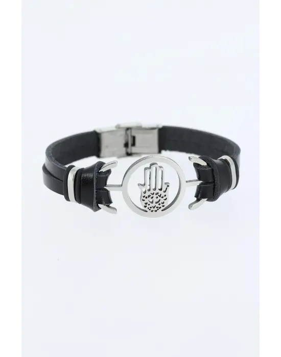 Silver Renk Fatma Ana Eli Figürlü Metal Aksesuarlı Siyah Renk Deri Erkek Bileklik