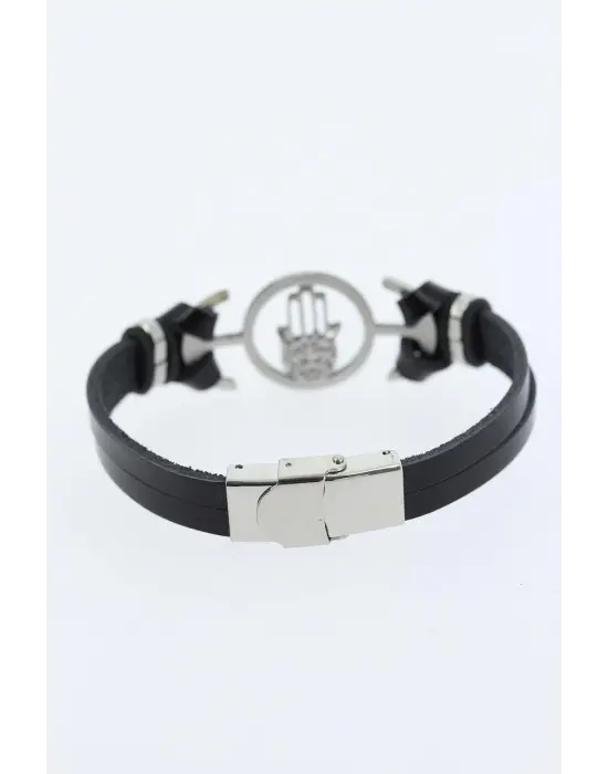 Silver Renk Fatma Ana Eli Figürlü Metal Aksesuarlı Siyah Renk Deri Erkek Bileklik
