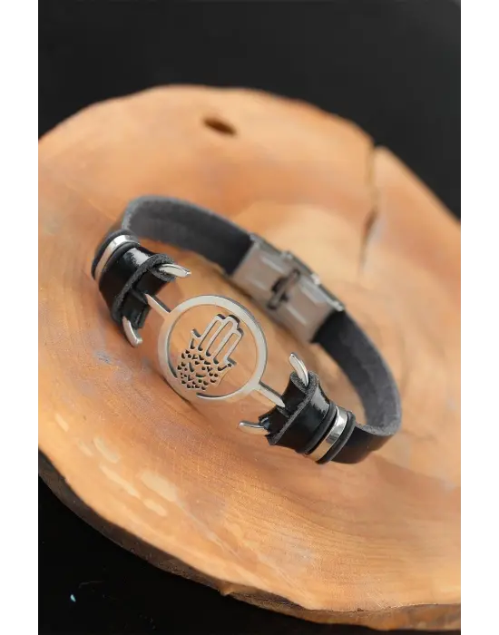 Silver Renk Fatma Ana Eli Metal Aksesuarlı Siyah Renk Deri Erkek Bileklik