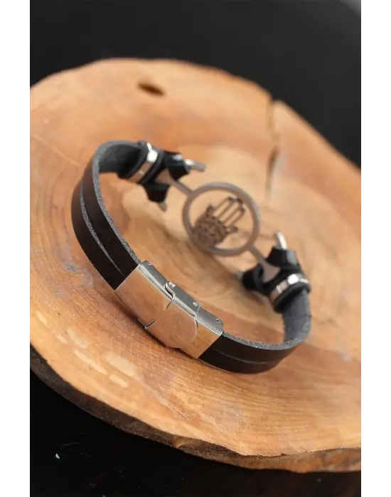 Silver Renk Fatma Ana Eli Metal Aksesuarlı Siyah Renk Deri Erkek Bileklik