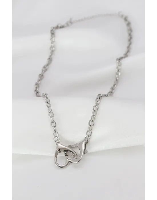 Silver  Geçirmeli Kalp Tasarımlı Zincir Çelik Kolye