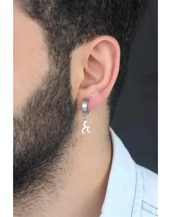 Silver Renk Kaplama 3 Hilal Figürlü Çelik Kıstırmalı Erkek Küpe