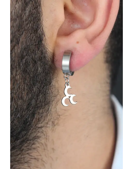 Silver Renk Kaplama 3 Hilal Figürlü Çelik Kıstırmalı Erkek Küpe