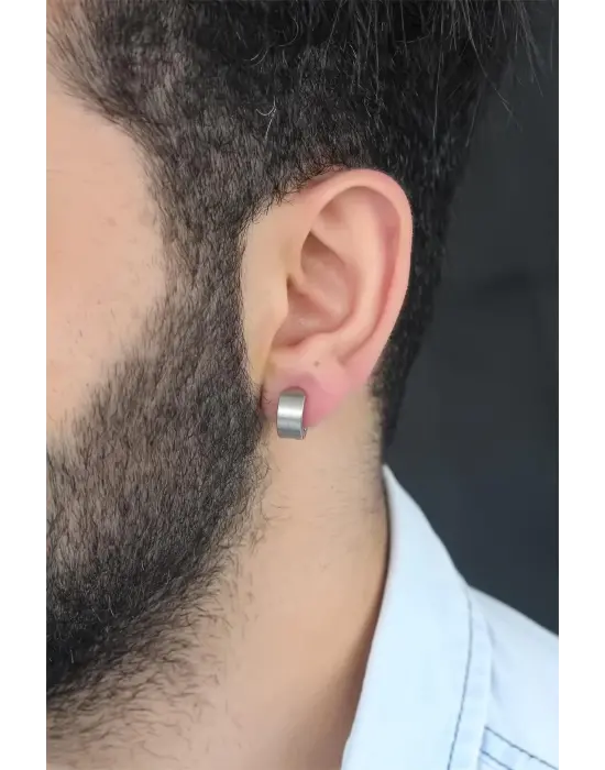 Silver Renk Kaplama Halka Kıstırmalı Çelik Erkek Küpe