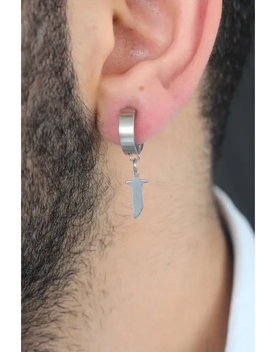 Silver Renk Kaplama Kılıç Figürlü Çelik Kıstırmalı Erkek Küpe