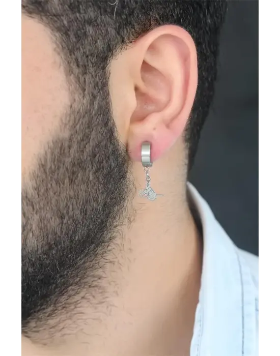 Silver Renk Kaplama Osmanlı Tuğra Figürlü Kıstırmalı Çelik Erkek Küpe