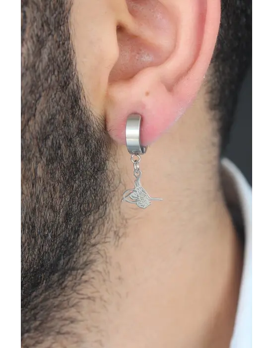 Silver Renk Kaplama Osmanlı Tuğra Figürlü Kıstırmalı Çelik Erkek Küpe