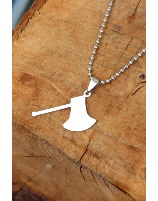 Silver Renk Metal Balta Uçlu Top Zincirli Erkek Kolye