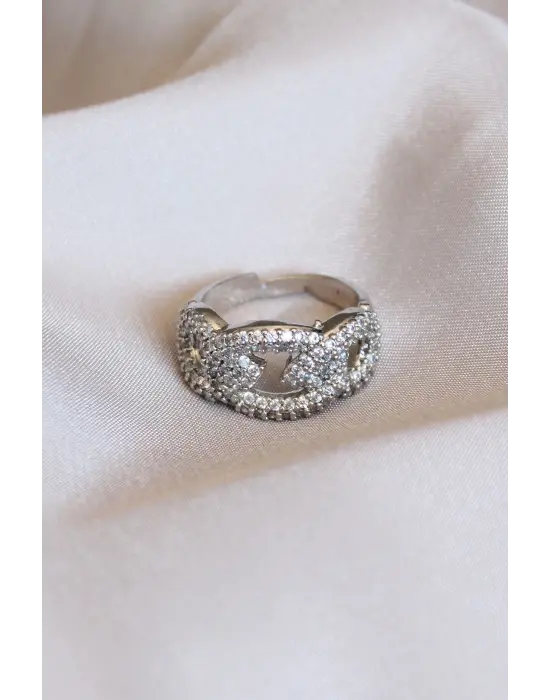 Silver Renk Zirkon Taşlı Ayarlamalı Yüzük