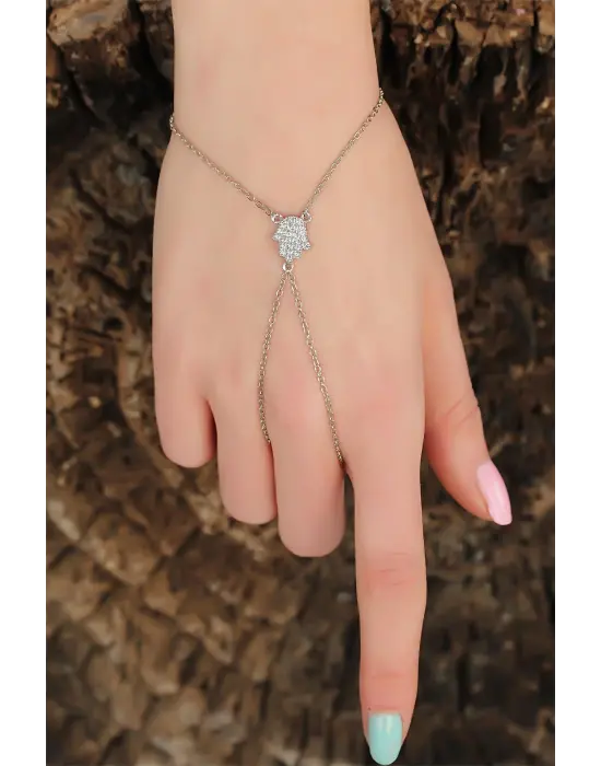 Silver Renk Zirkon Taşlı Fatma Ana Eli Figürlü Şahmeran Bileklik