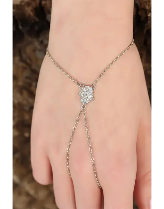 Silver Renk Zirkon Taşlı Fatma Ana Eli Figürlü Şahmeran Bileklik