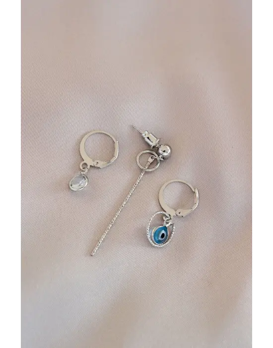 Silver Renkli Nazar Boncuklu Metal Küpe Seti