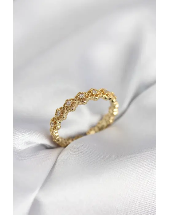 Sıralı Çiçek Model Gold Renk Zirkon Taşlı Kadın Yüzük