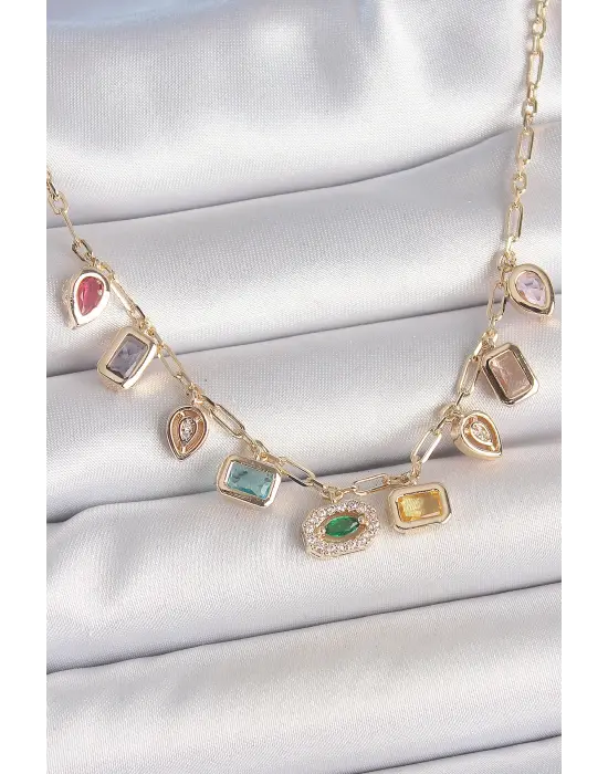 Sıralı Karışık Renk Zirkon Taşlı Gold Pirinç Kolye