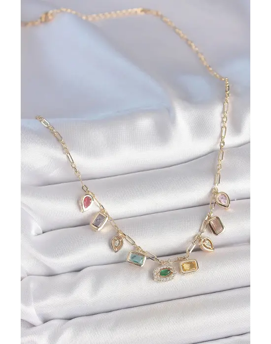 Sıralı Karışık Renk Zirkon Taşlı Gold Pirinç Kolye