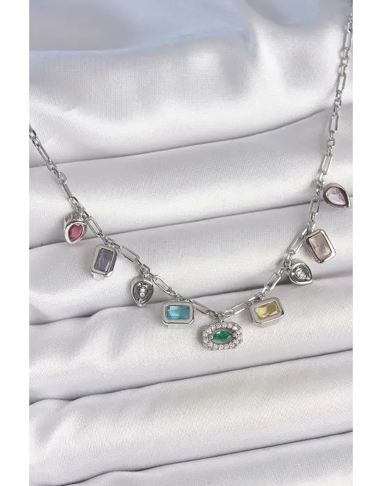 Sıralı Karışık Renk Zirkon Taşlı Gümüş Pirinç Kolye