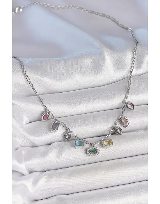 Sıralı Karışık Renk Zirkon Taşlı Gümüş Pirinç Kolye