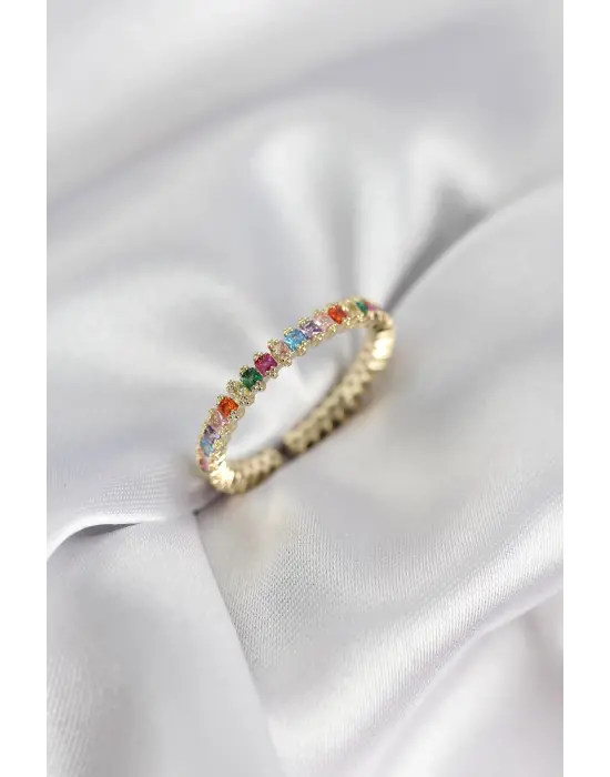 Sıralı Karışık Renkli Gold Renk Zirkon Taşlı Kadın Yüzük